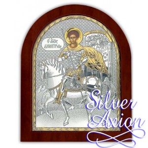 Икона Дмитрия Солунского. Шелкография, оклад в серебре. Основание из дерева.