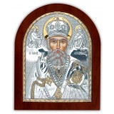 Икона Николай Чудотворец. Шелкография, оклад в серебре. Основание из дерева.